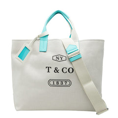 ティファニー ウィークエンド トートバッグ ショルダーバッグ 2WAY アイボリー ブルー キャンバス レザー レディース TIFFANY&Co. 【中古】