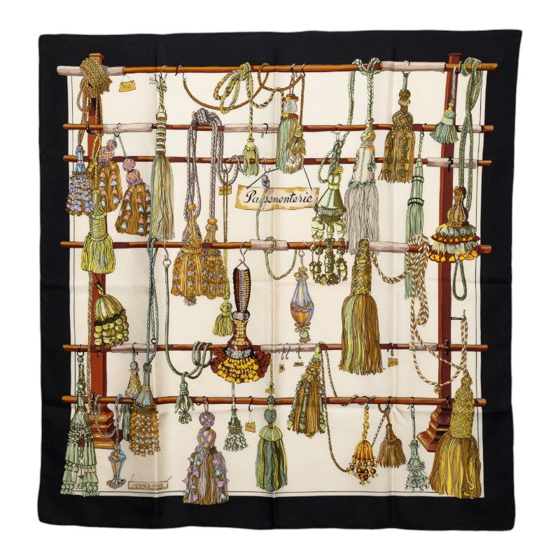 エルメス カレ90 PASEMENTERIE 紐飾り スカーフ ホワイト ブラック シルク レディース HERMES 【中古】