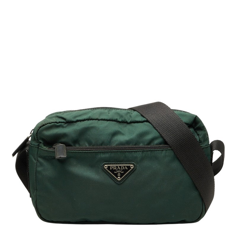 プラダ 三角ロゴプレート ショルダーバッグ グリーン ブラック グレー ナイロン レディース PRADA 【中古】