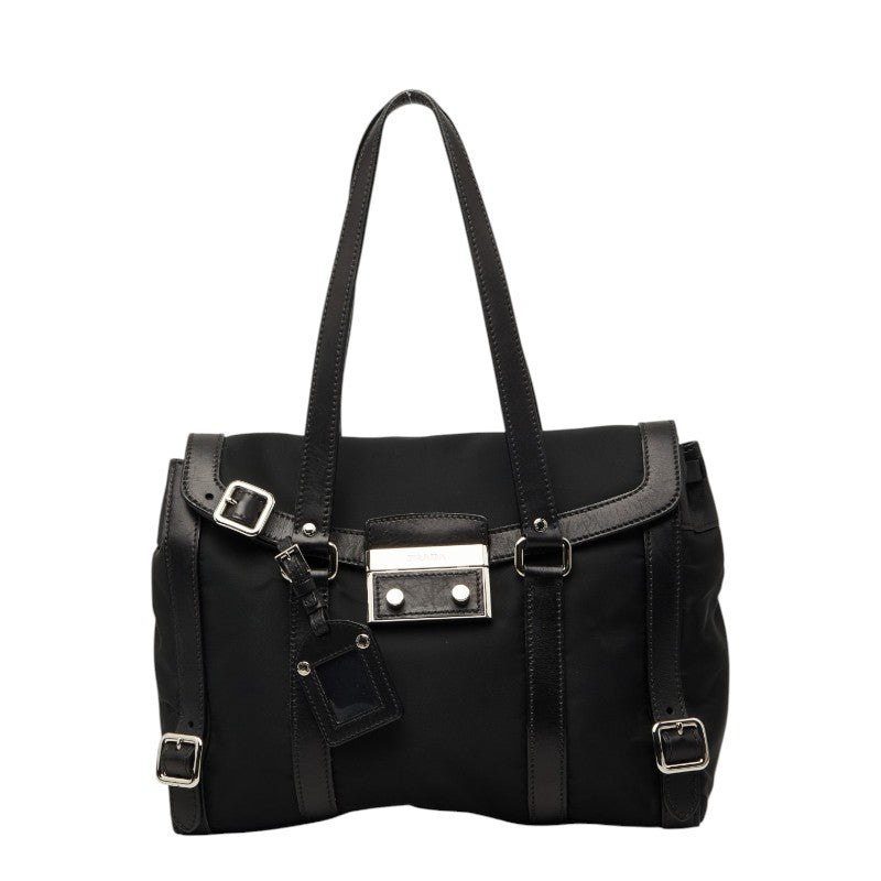 プラダ 三角ロゴプレート フラップ ショルダーバッグ ブラック ナイロン レザー レディース PRADA 【中古】