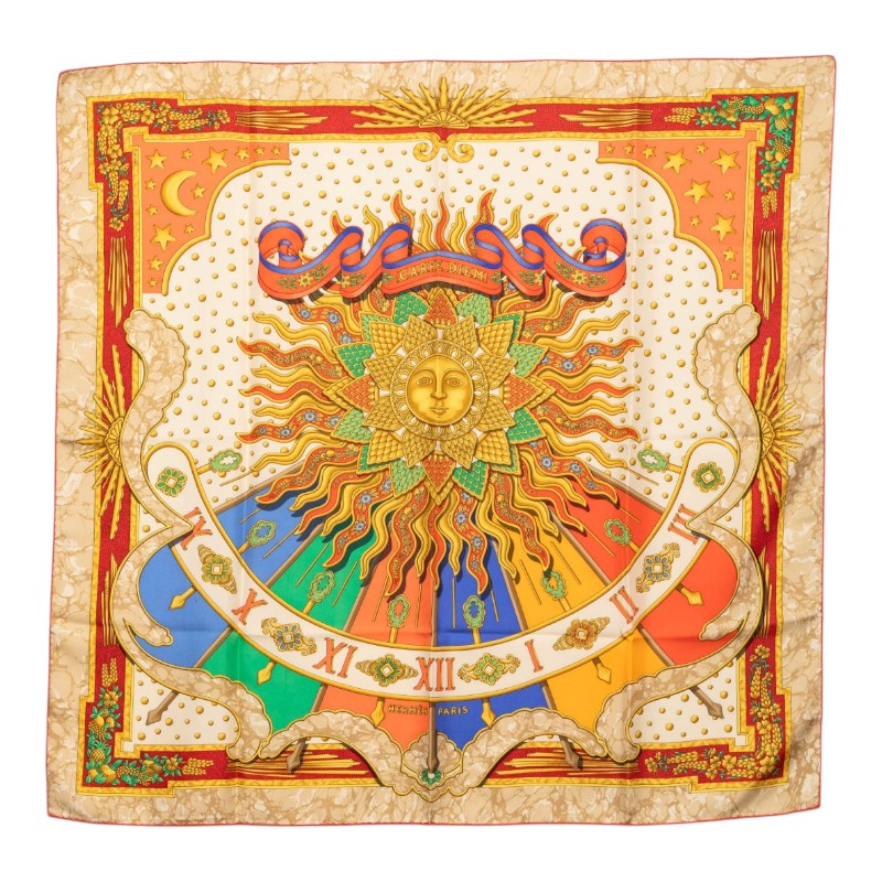 エルメス カレ90 CARPE DIEM 今日一日を楽しむ 太陽 月 星 スカーフ 大判 マルチカラー シルク レディース HERMES 【中古】