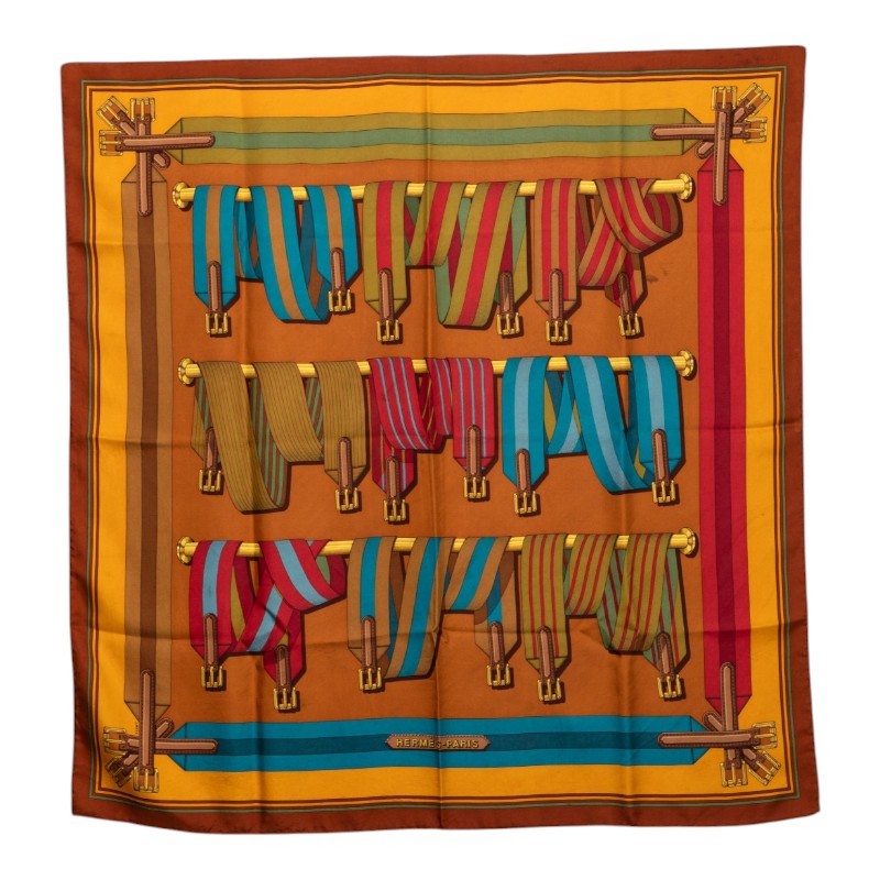 エルメス カレ90 Les Sangles レ サングル スカーフ ブラウン シルク レディース HERMES 【中古】