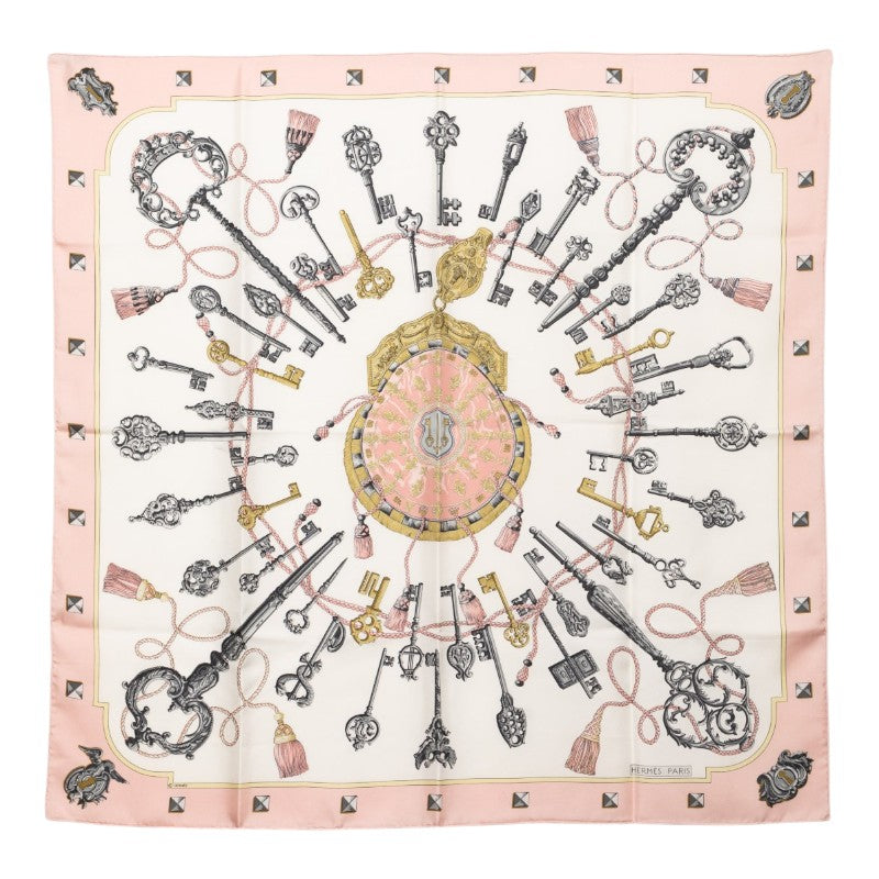 エルメス カレ90 LES CLES 鍵 スカーフ 大判 ピンク系 ホワイト シルク レディース HERMES 【中古】