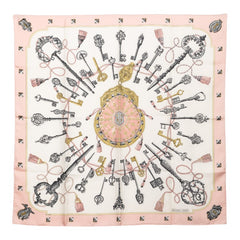 エルメス カレ90 LES CLES 鍵 スカーフ 大判 ピンク系 ホワイト シルク レディース HERMES 【中古】