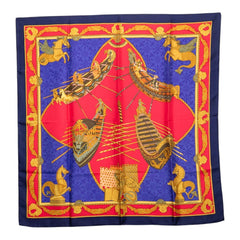 エルメス カレ90 LES BISSONE DE VENISE ヴェニスの船祭り スカーフ レッド ブルー シルク レディース HERMES 【中古】