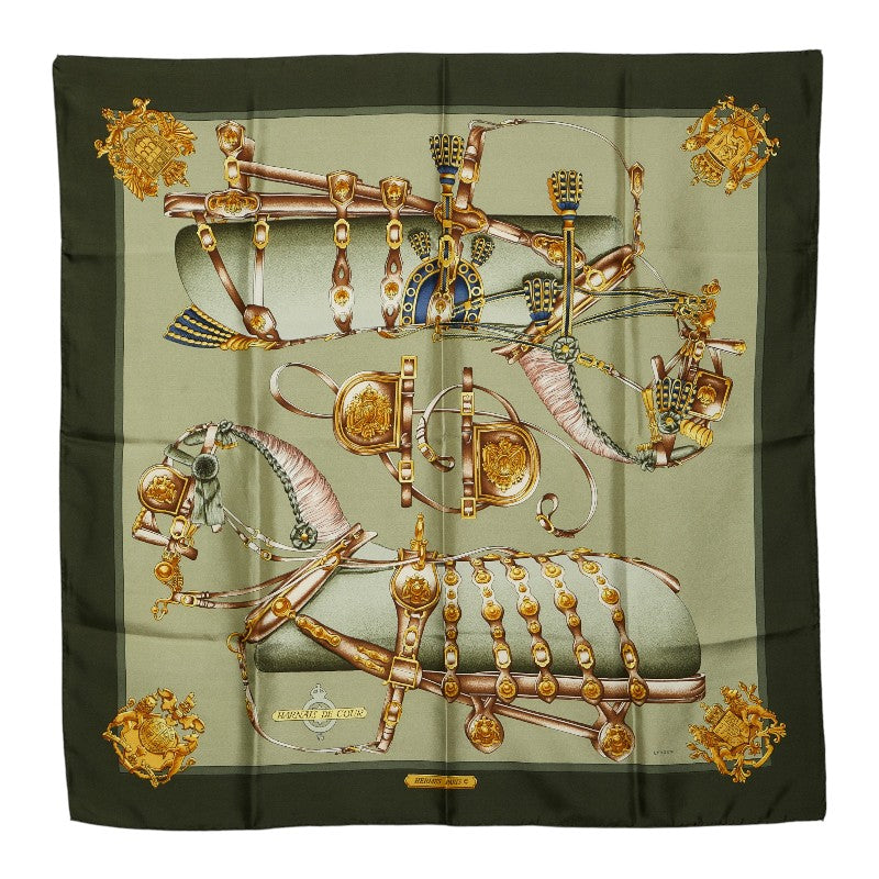 エルメス カレ90 HARNAIS DE COUR 宮廷の馬具 スカーフ カーキグリーン マルチカラー シルク レディース HERMES 【中古】