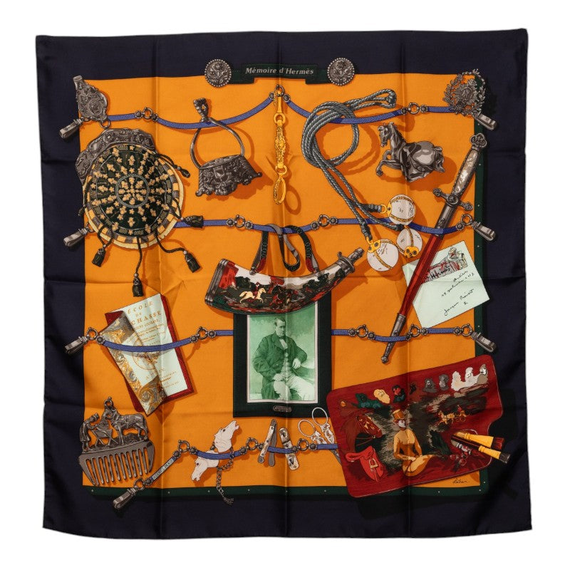 エルメス カレ90 Memoire d’Hermes エルメスの思い出 スカーフ 大判 ネイビー オレンジ系 シルク レディース HERMES 【中古】