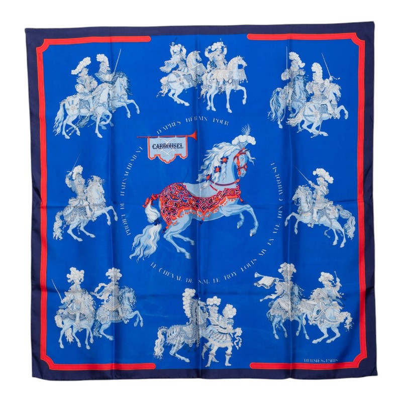 エルメス カレ90 CARROUSEL メリーゴーランド スカーフ 大判 ブルー系 シルク レディース HERMES 【中古】