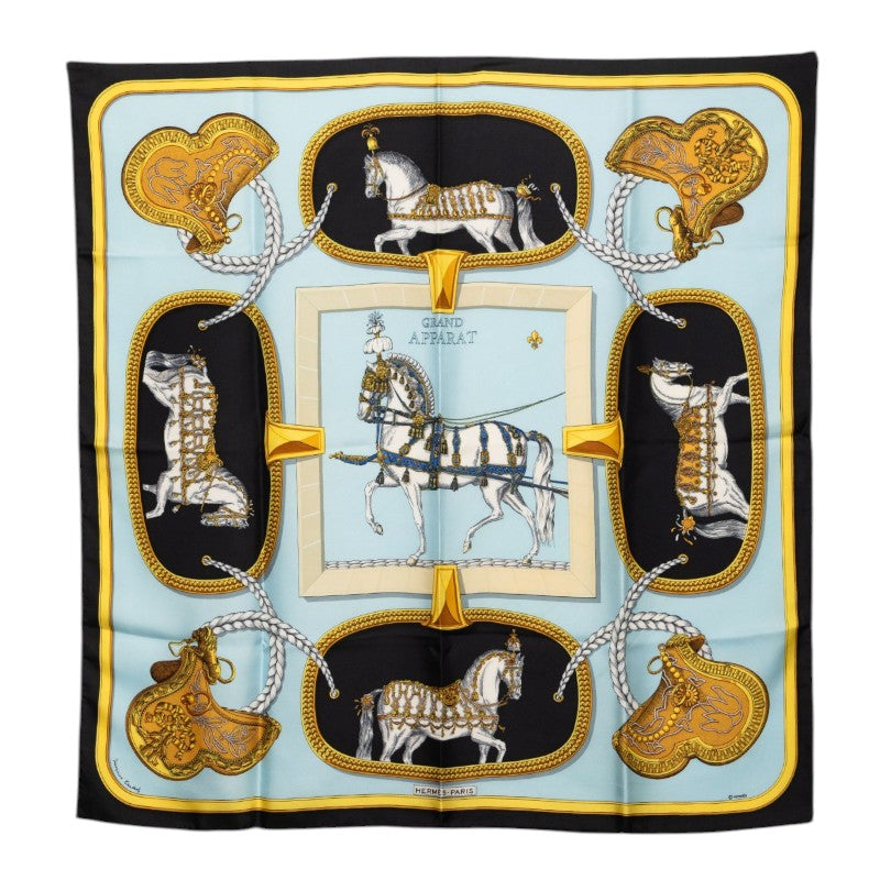 エルメス カレ90 GRAND APPARAT 盛装の馬 スカーフ 大判 ブラック ブルー シルク レディース HERMES 【中古】