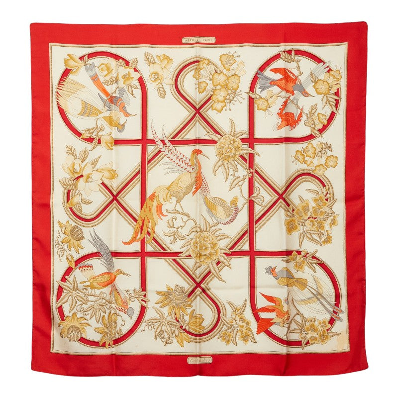 エルメス カレ90 Caraibes カリブ鳥 スカーフ 大判 レッド アイボリー シルク レディース HERMES 【中古】