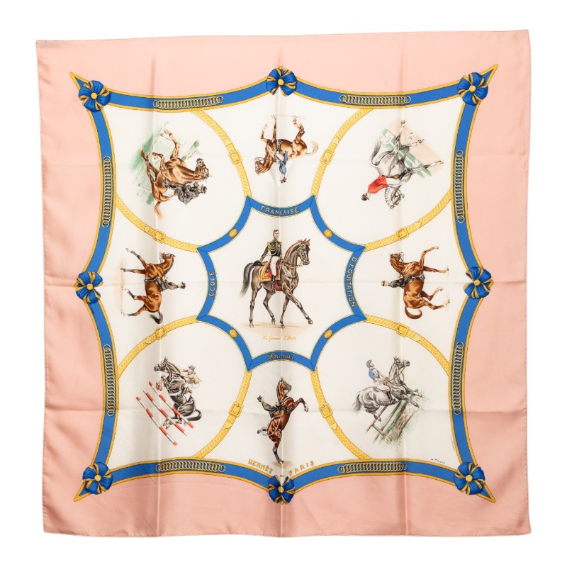 エルメス カレ90 ECOLE FRANCAISE D'EQUITATION フランス国立乗馬学校 スカーフ ピンク ホワイト シルク レディース HERMES 【中古】