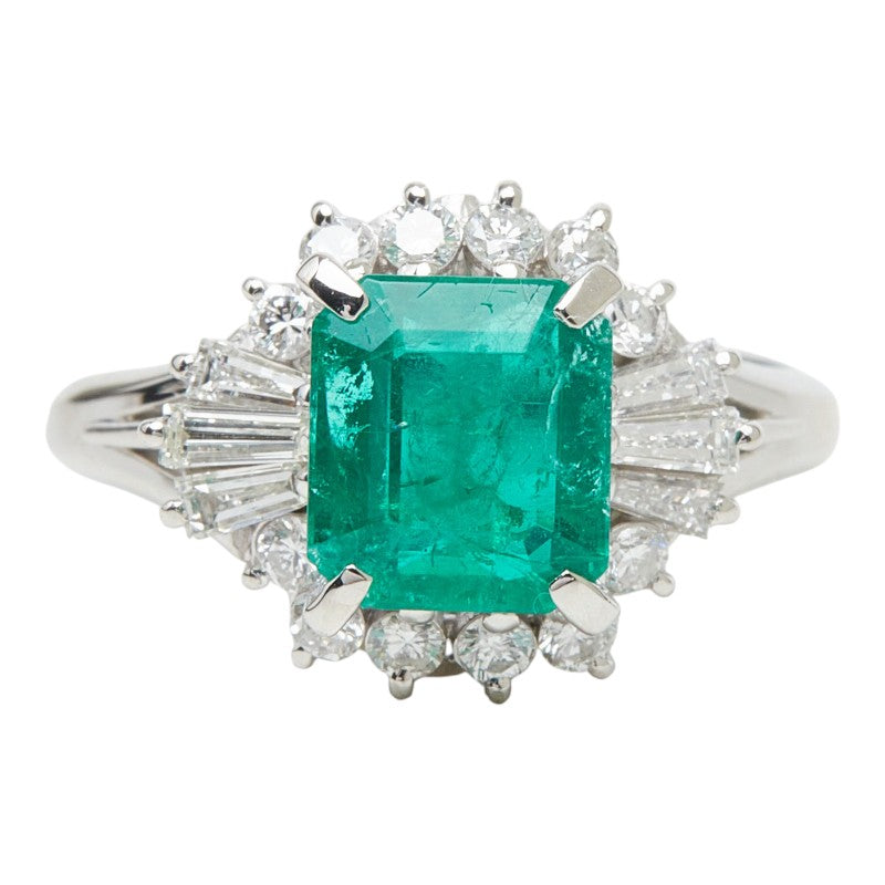 Pt900 プラチナ エメラルド1.64ct ダイヤ0.48ct フラワーモチーフ リング 指輪 レディース 11.5号 【中古】