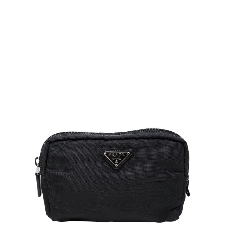 プラダ 三角ロゴプレート ポーチ ブラック ナイロン レザー レディース PRADA 【中古】