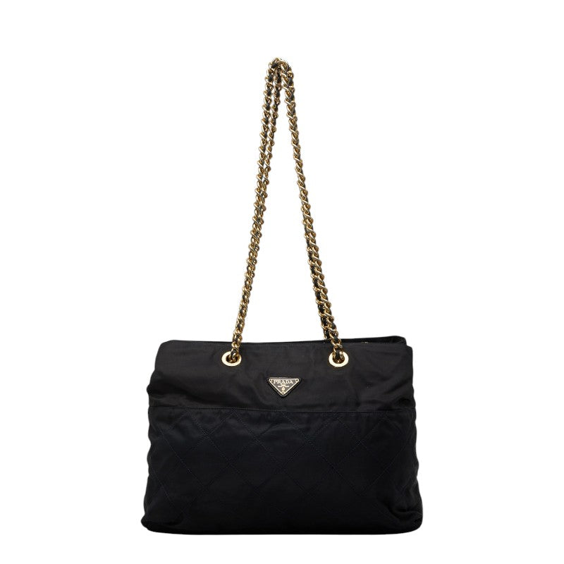 プラダ 三角ロゴプレート テスート キルティング チェーン ショルダー トートバッグ ネイビー ナイロン レディース PRADA 【中古】