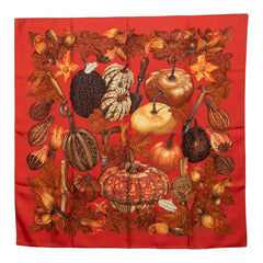 エルメス カレ90 CITROUILLES ET COLOQUINTES カボチャとコロシント スカーフ 大判 オレンジ系 シルク レディース HERMES 【中古】