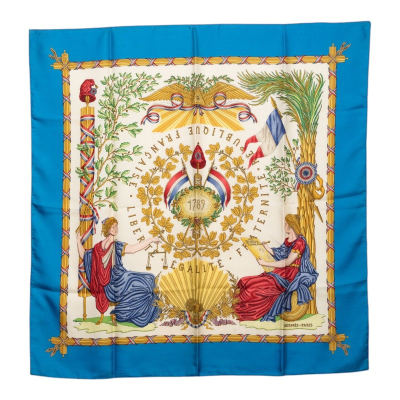 エルメス カレ90 1789 LIBERTE EGALITE FRATERNITE REPUBLIQUE FRANCAISE フランス革命 スカーフ 大判 ブルー マルチカラー シルク レディース HERMES 【中古】