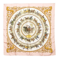 エルメス カレ90 LA PROMENADE DE LONGCHAMPS ロンシャンへの散歩 スカーフ 大判 ピンク系 マルチカラー シルク レディース HERMES 【中古】