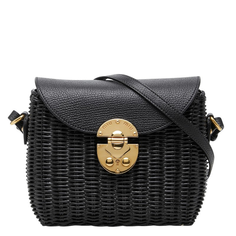ミュウミュウ 斜め掛け ショルダーバッグ ブラック レザー ウィッカー レディース MIUMIU 【中古】