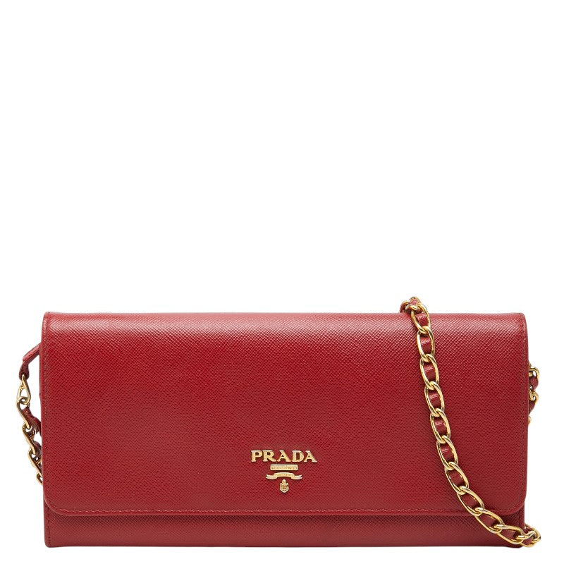 プラダ 三角ロゴプレート サフィアーノ 斜め掛け チェーン ウォレット 2way 長財布 レッド レザー レディース PRADA 【中古】