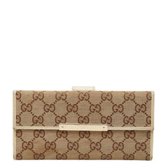 グッチ GGキャンバス 長財布 ダブルホック 112715 ベージュ キャンバス レザー レディース GUCCI 【中古】