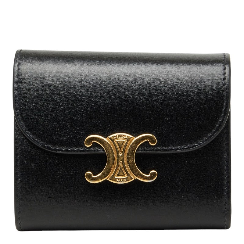 セリーヌ トリオンフ スモール ウォレット 三つ折り財布 ブラック レザー レディース CELINE 【中古】