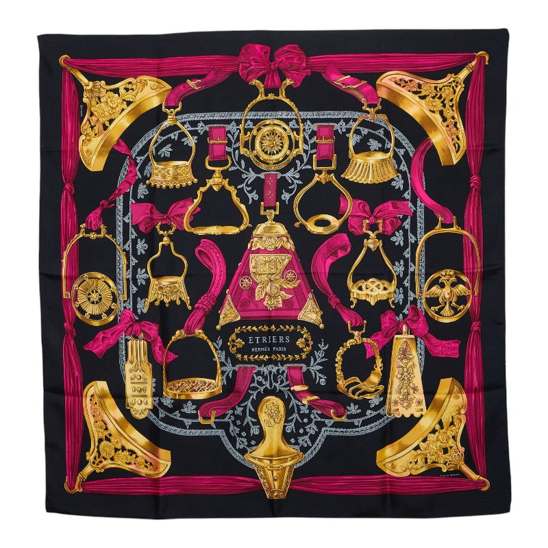 エルメス カレ90 ETRIERS 鐙 スカーフ ブラック マルチカラー シルク レディース HERMES 【中古】