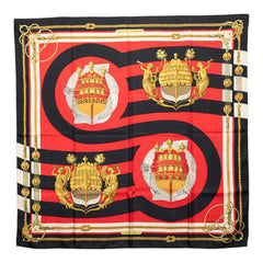 エルメス カレ90 CHATEAUX D'ARRIERE 艫飾り スカーフ レッド ブラック シルク レディース HERMES 【中古】