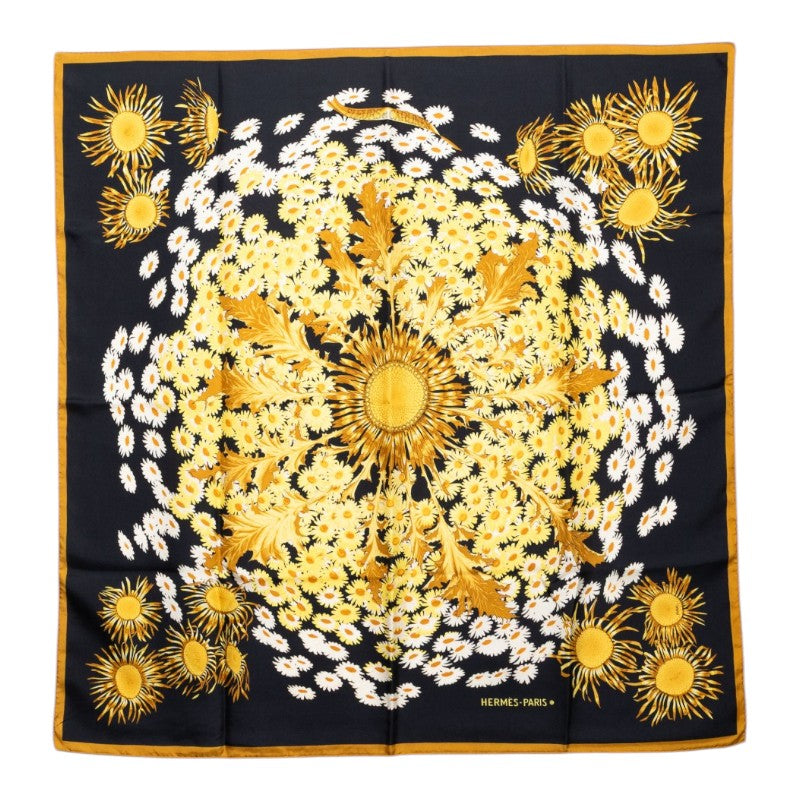 エルメス カレ90 Fleurs et Carlines ひまわりの花束 スカーフ 大判 ブラック マルチカラー シルク レディース HERMES 【中古】