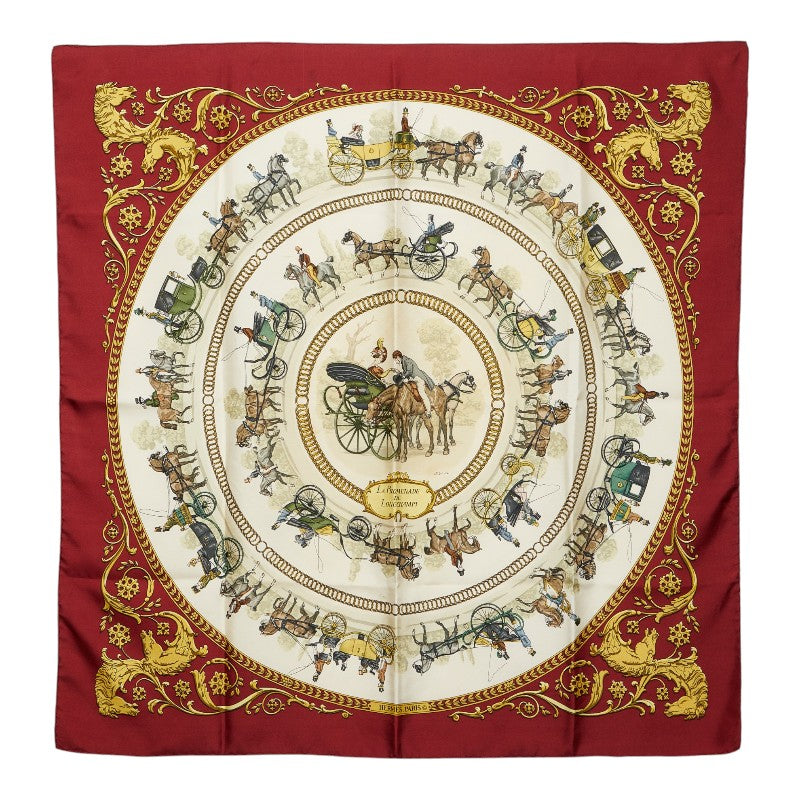 エルメス カレ90 LA PROMENADE DE LONGCHAMPS ロンシャンへの散歩 スカーフ レッド系 マルチカラー シルク レディース HERMES 【中古】