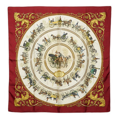 エルメス カレ90 LA PROMENADE DE LONGCHAMPS ロンシャンへの散歩 スカーフ レッド系 マルチカラー シルク レディース HERMES 【中古】