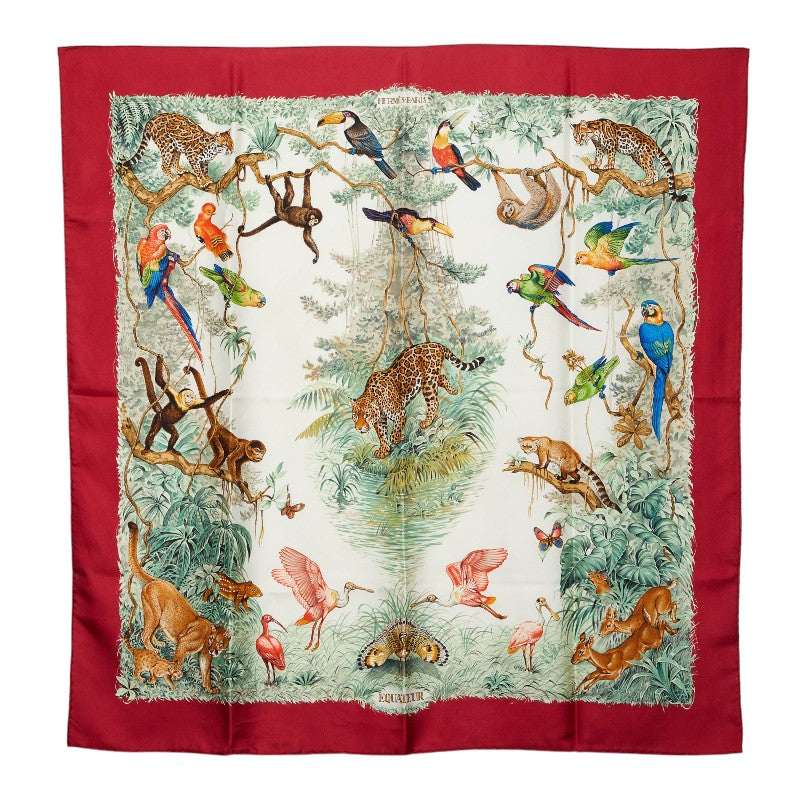 エルメス カレ90 EQUATEUR 赤道直下 スカーフ 大判 レッド マルチカラー シルク レディース HERMES 【中古】