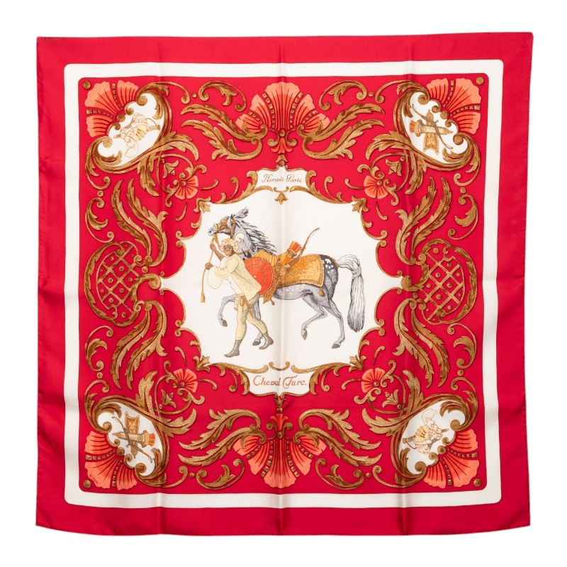 エルメス カレ90 Cheval Turc トルコの馬 スカーフ レッド ホワイト シルク レディース HERMES 【中古】