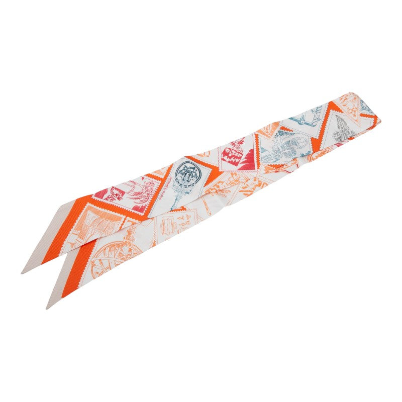 エルメス ツイリー Le Philateliste du Faubourg フォーブルの切手愛好家 スカーフ オレンジ系 シルク レディース HERMES 【中古】