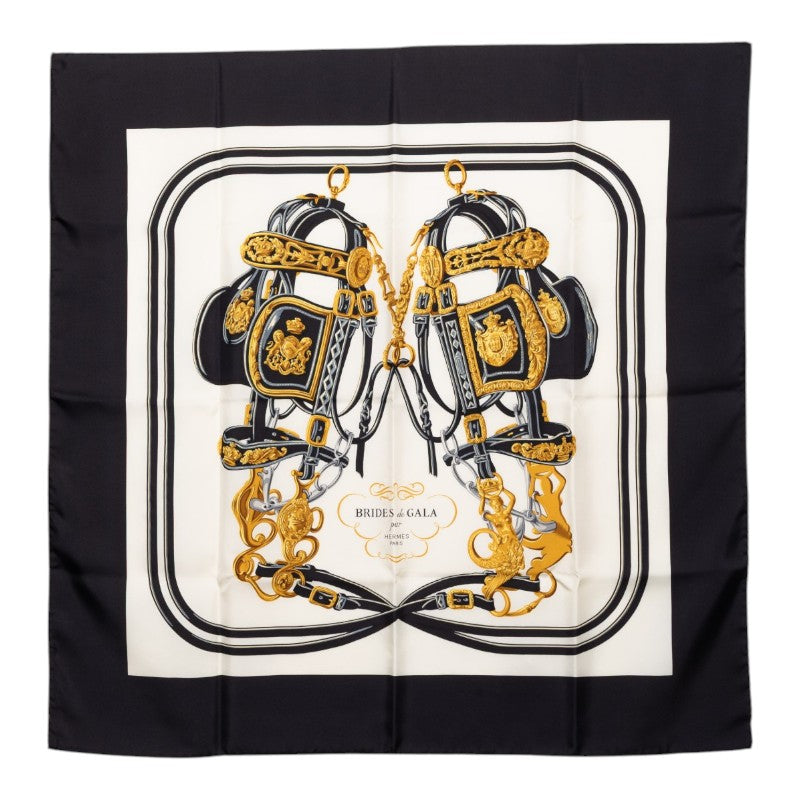 エルメス カレ90 式典用馬勒 Brides de Gala ブリッド ドゥ ガラ スカーフ ブラック ホワイト シルク レディース HERMES 【中古】
