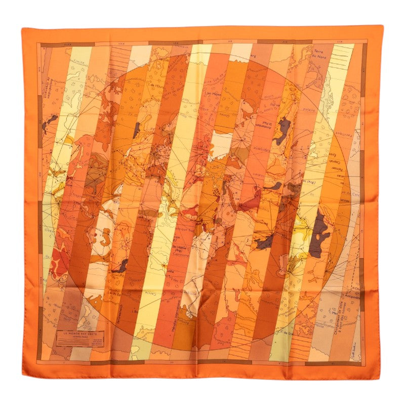エルメス カレ90 LE MONDE EST VASTE 世界地図 スカーフ オレンジ シルク レディース HERMES 【中古】