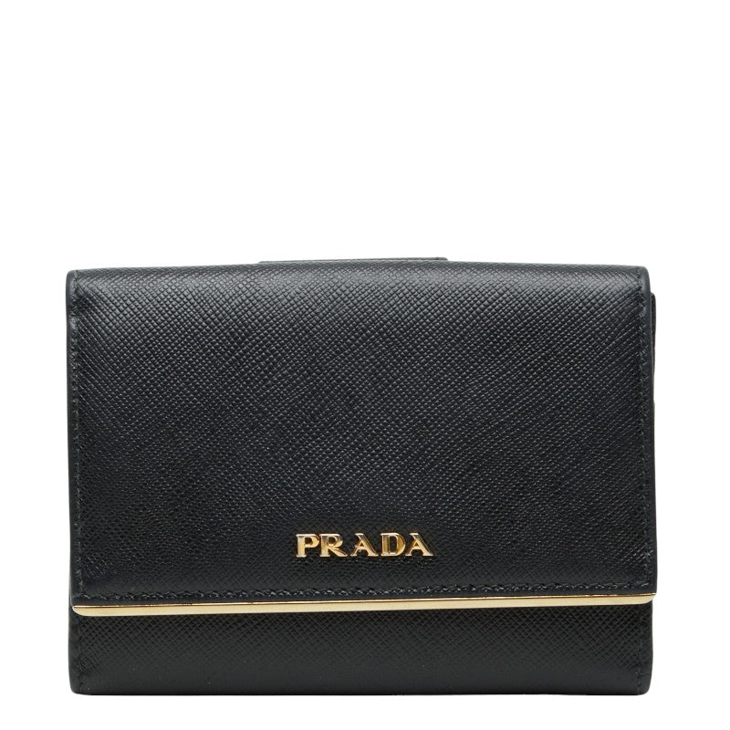 プラダ ロゴ 三つ折り財布 フラップウォレット ブラック サフィアーノレザー レディース PRADA 【中古】