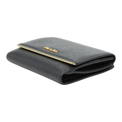 プラダ ロゴ 三つ折り財布 フラップウォレット ブラック サフィアーノレザー レディース PRADA 【中古】