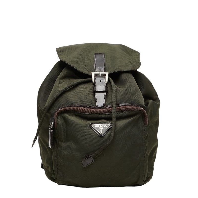 プラダ 三角ロゴプレート リュック バックパック グリーン ナイロン レザー レディース PRADA 【中古】