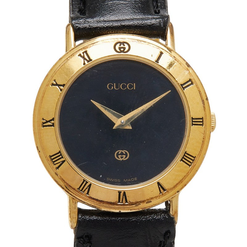 グッチ 腕時計 3000L クオーツ ブラック文字盤 ステンレススチール レザー レディース GUCCI 【中古】