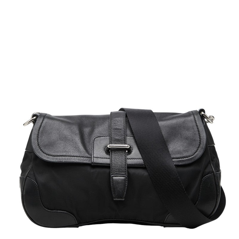 プラダ 三角ロゴプレート 斜め掛け ショルダーバッグ ブラック ナイロン レザー レディース PRADA 【中古】