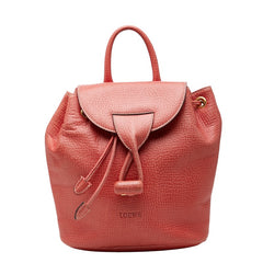 ロエベ 型押し フラップ リュック バックパック 巾着 レッド系 レザー レディース LOEWE 【中古】