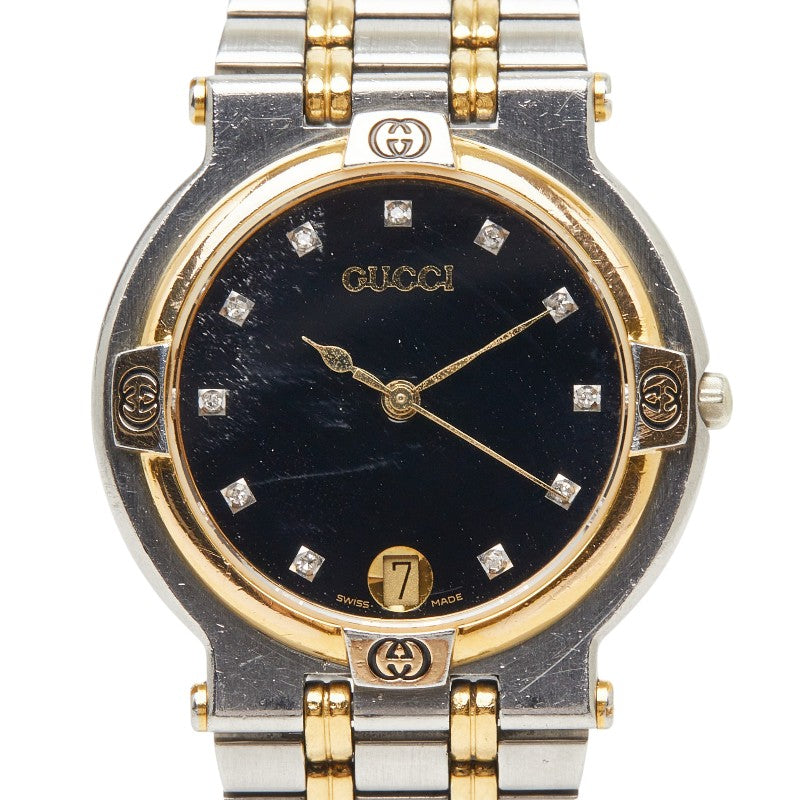 グッチ 11Pダイヤ 腕時計 9000M クオーツ ブラック文字盤 ステンレススチール メッキ メンズ GUCCI 【中古】