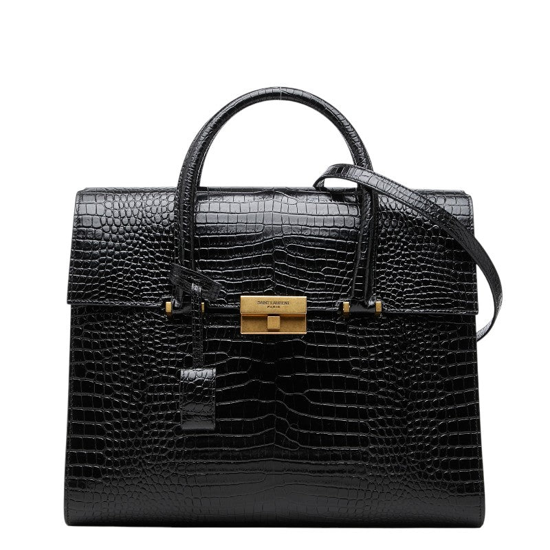 サンローラン ロゴ クロコ型押し ハンドバッグ ショルダーバッグ 2WAY ブラック レザー レディース SAINT LAURENT 【中古】