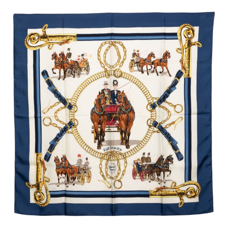 エルメス カレ90 EQUIPAGES 馬車 スカーフ ネイビー マルチカラー シルク レディース HERMES 【中古】