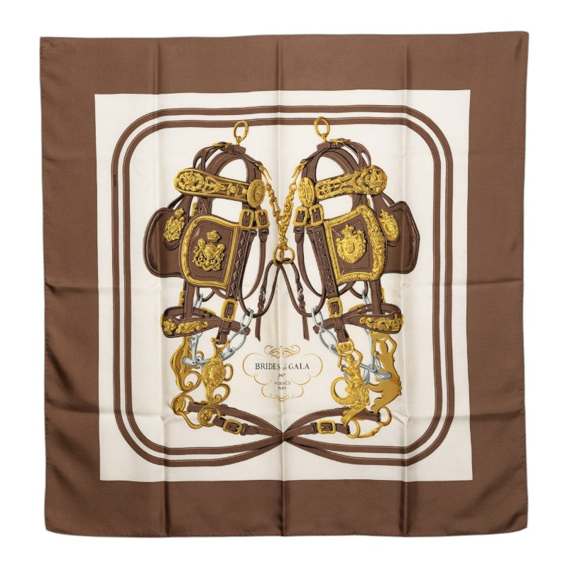 エルメス カレ90 BRIDE de GALA 式典用の馬勒 スカーフ ブラウン ホワイド イエロー シルク レディース HERMES 【中古】