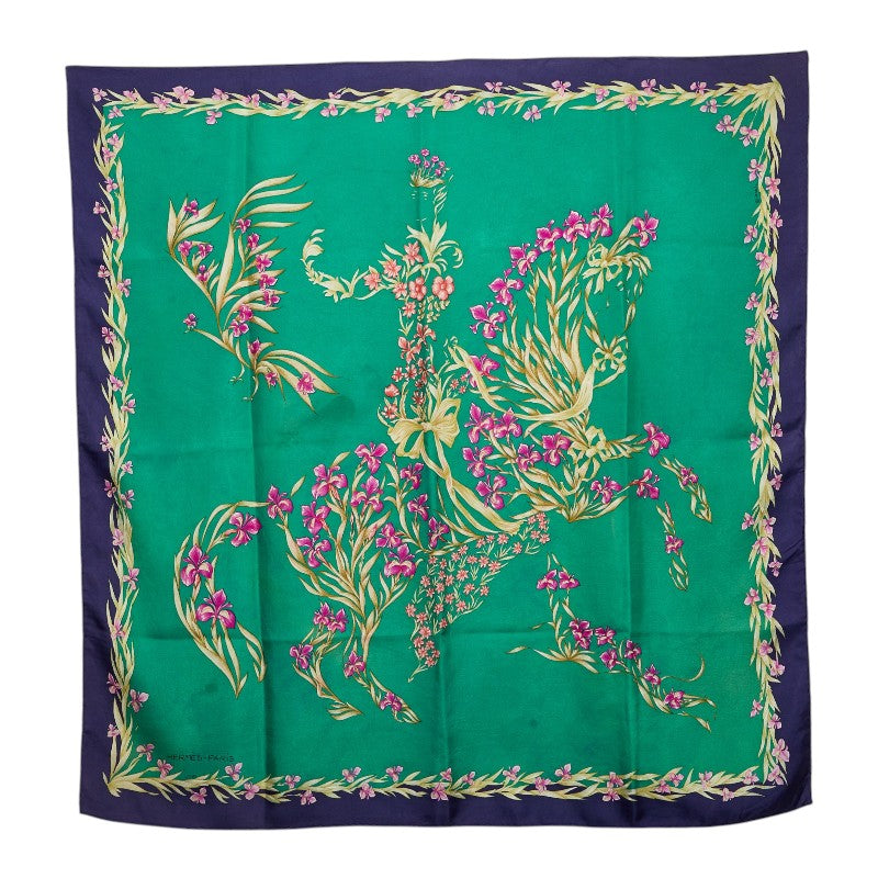 エルメス カレ90 H.d'Origny 花咲く馬 スカーフ 大判 グリーン系 マルチカラー シルク レディース HERMES 【中古】