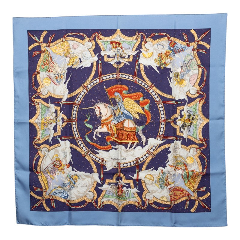 エルメス カレ90 CAVALIERS DES NUAGES 雲の騎士 スカーフ ブルー マルチカラー シルク レディース HERMES 【中古】