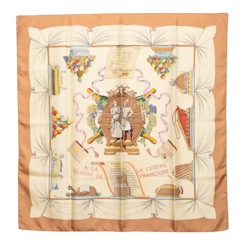 エルメス カレ90 A LA GLOIRE DE LA CUISINE FRANCAISE フランス料理を讃えて スカーフ ベージュ マルチカラー シルク レディース HERMES 【中古】