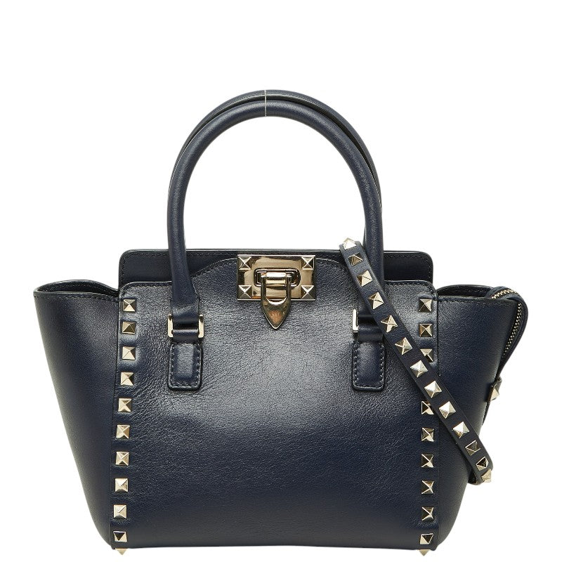 ヴァレンティノ ロックスタッズ ハンドバッグ 2WAY ショルダーバッグ ネイビー ゴールド レザー レディース VALENTINO 【中古】