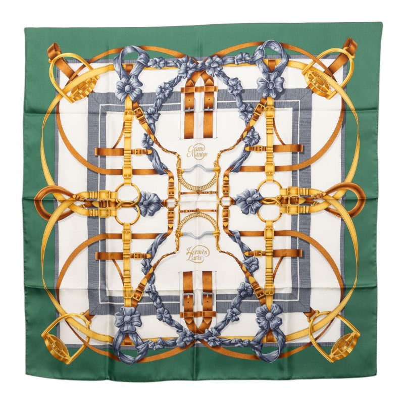 エルメス カレ90 GRAND MANEGE 大調教術 馬具 スカーフ グリーン マルチカラー シルク レディース HERMES 【中古】